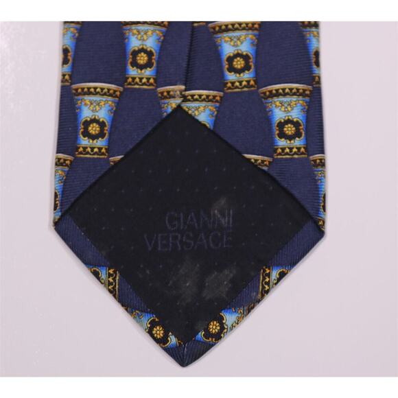Gianni Versace Vintage 90's Medusa Head Pillars Blue Silk Necktie Tie - Picture 6 of 8